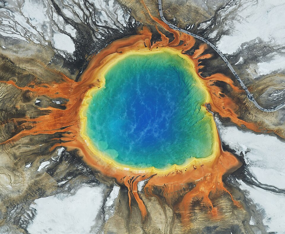 Aerial image of Grand Prismatic Spring (view from the southeast), USA