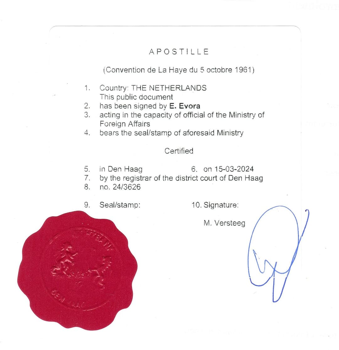 Apostille des Bezirksgerichts Den Haag mit den zehn Pflichtfeldern