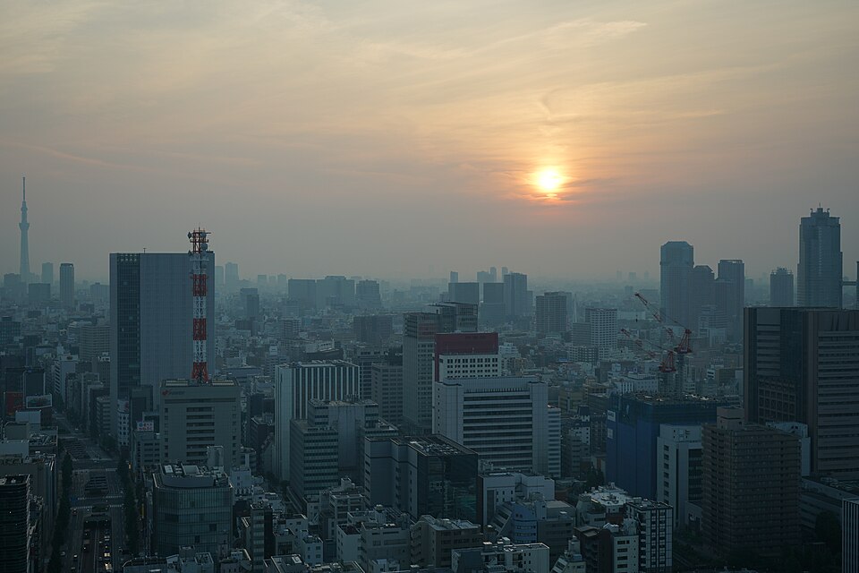 A sunrise and skyscrapers as seen from Shiodome, Tokyo, Japan