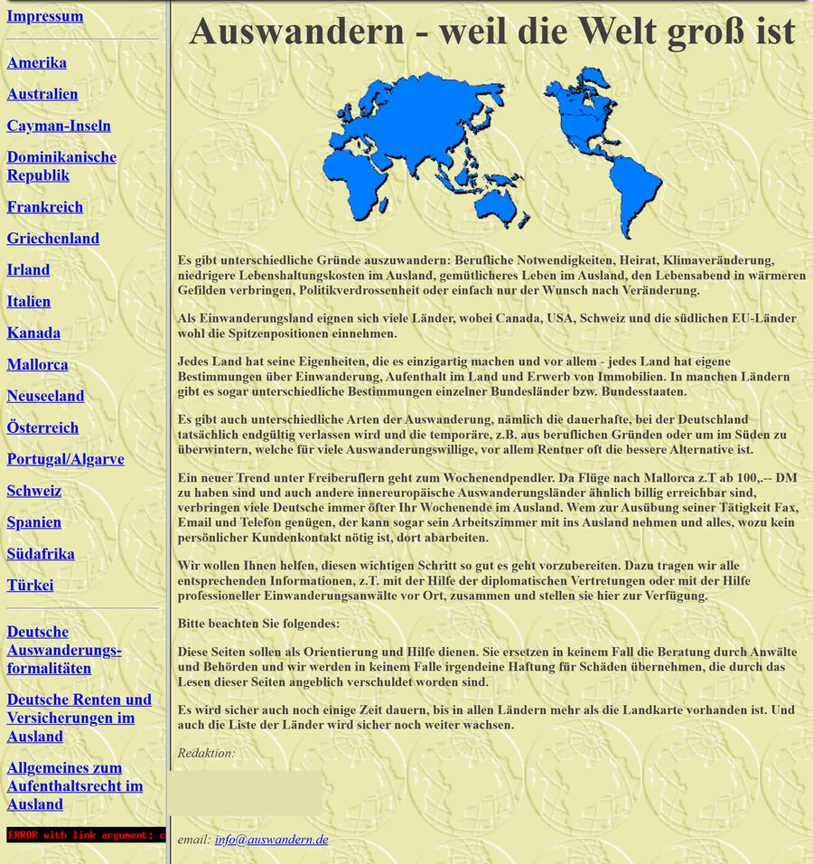Die Startseite von auswandern.de im Jahr 1997: eine schlichte Liste von Länderlinks auf cremefarbenem Grund.