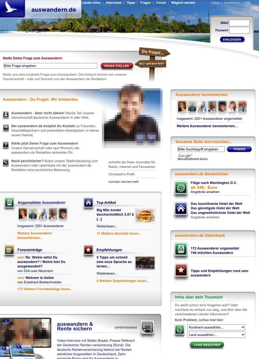 Die Startseite von auswandern.de um 2011: Forum, Expertenprofil und Mitgliederfotos, Gesichter unkenntlich gemacht.