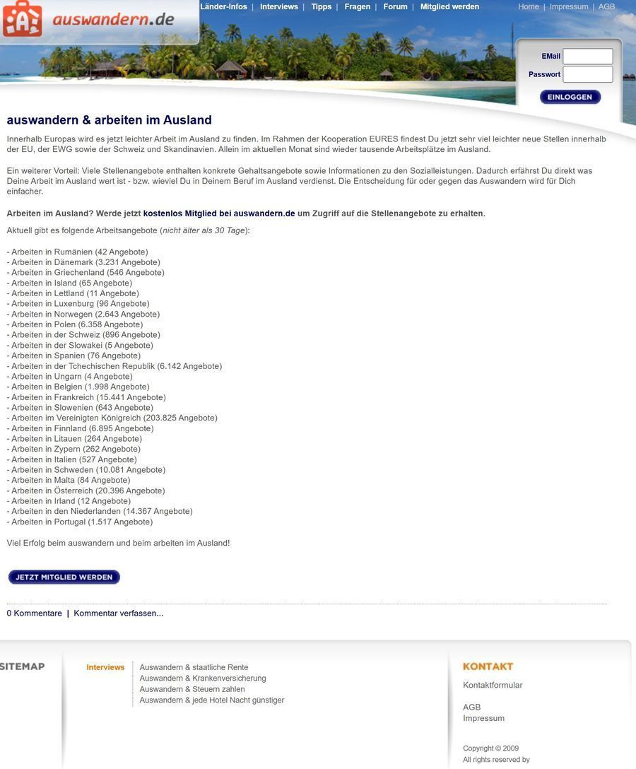 Die Startseite von auswandern.de im Mai 2021: eine Liste offener Stellen je Land aus dem EURES-Netzwerk.